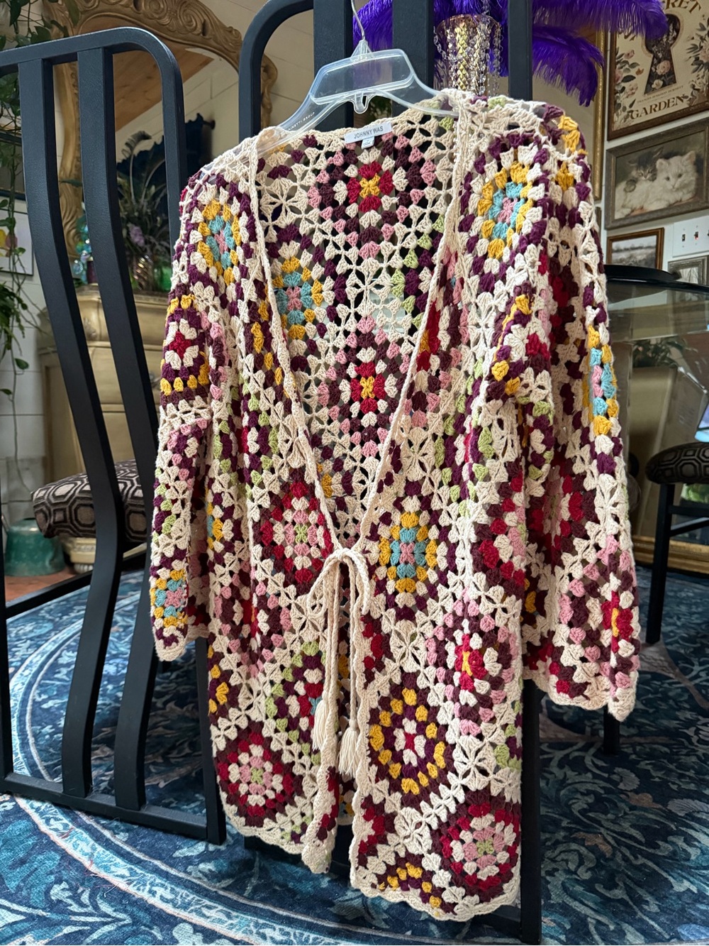 Johnny Was Multicolor Crochet Tie-Front Cardigan with Cream Trim, Stevie.